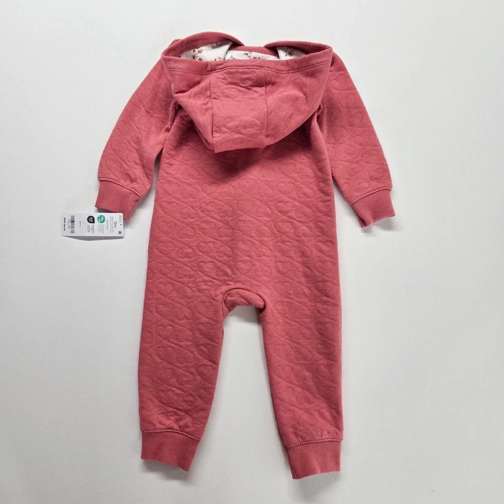 NEW! Carters Baby 12m Heart‎ Cotton Long Sleeve Jumpsuit Pink Hooded